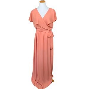 Vici Maxi Dress Peach Coral Flutter‎ Cape Sleeve Tie Waist Front Slit Women's L